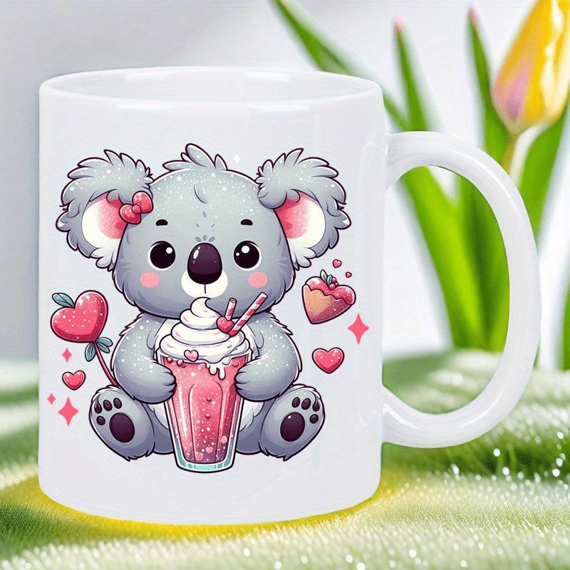 Tailorly White Ceramic 11 oz Mug - Adorable Cartoon Character Holding Sweet Pink Milkshake With Hearts Koala