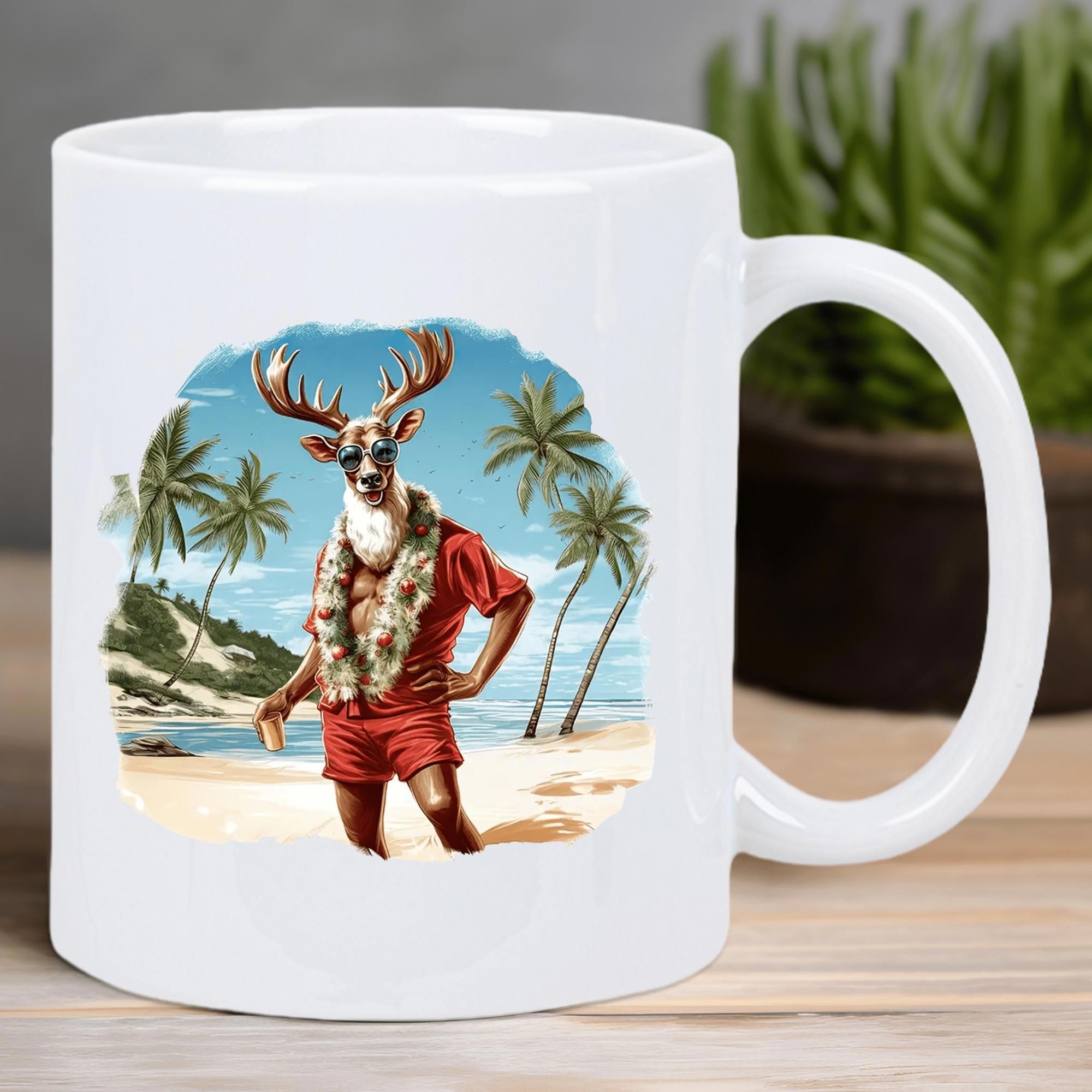 Tailorly White Ceramic 11 oz Mug - Cool Anthropomorphic Creature Wearing Santa Suit On A Sunny Tropical Beach Reindeer