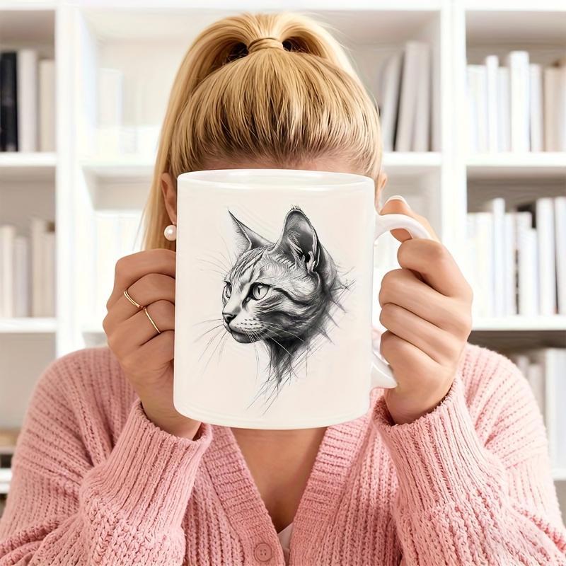 Tailorly White Ceramic 11 oz Mug - Detailed Pencil Sketch Of A Feline Head Gazing Toward The Side Cat
