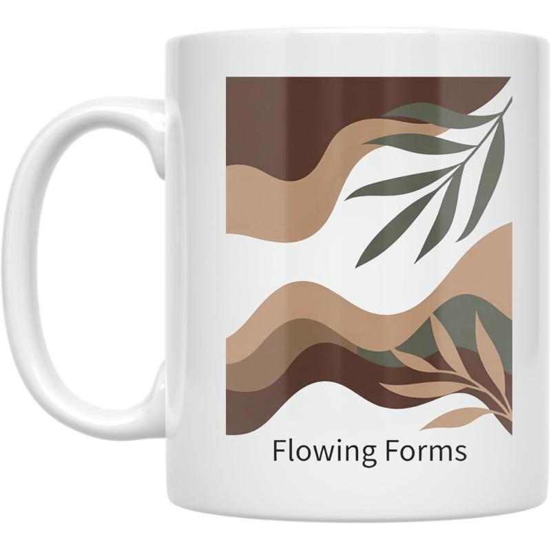 Tailorly White Ceramic 11 oz Mug - Flowing Forms Abstract Earthy Tones Flowing With Minimalist Botanical Branches And Leaves