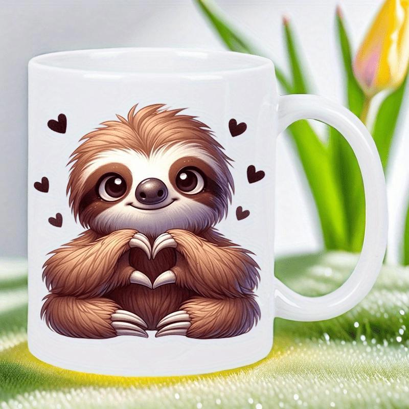 Tailorly White Ceramic 11 oz Mug - Adorable Brown Animal Forming A Heart Shape Among Floating Small Hearts Sloth