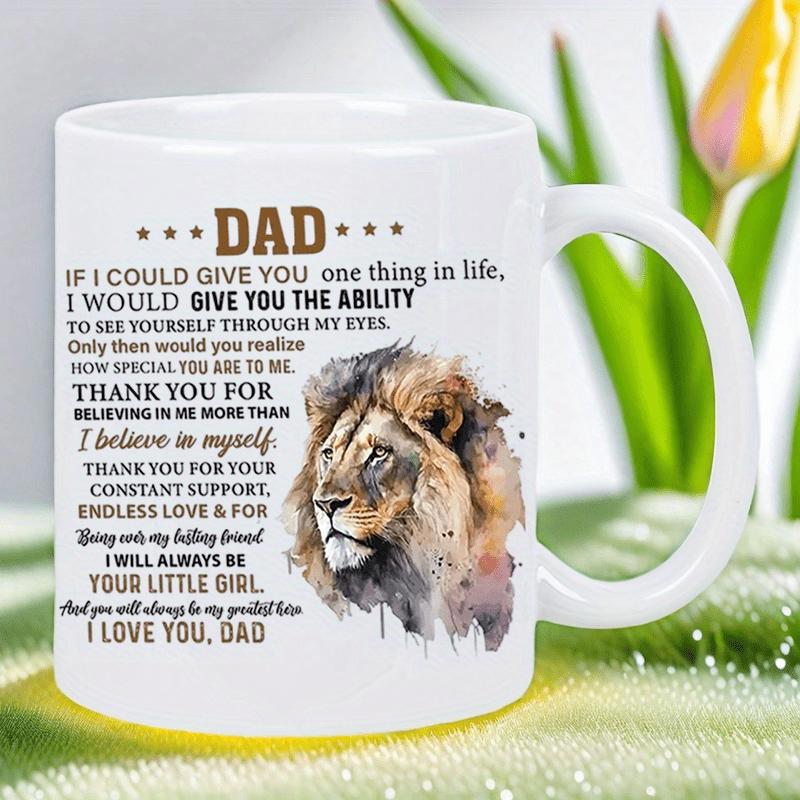 Tailorly White Ceramic 11 oz Mug - Dad I Love You Your Little Girl Artistic Watercolor Painting Of A Majestic Wild King With Flowing Mane Lion