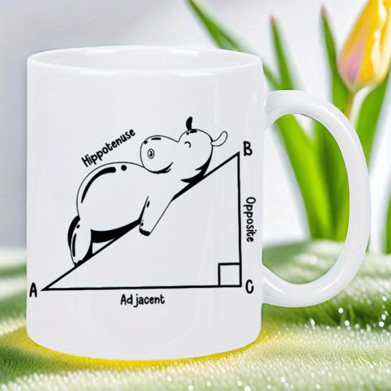 Tailorly White Ceramic 11 oz Mug - Hypotenuse Opposite Adjacent Cute Cartoon Character Resting On A Large Geometric Mathematical Triangle Hippo