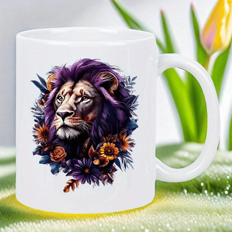 Tailorly White Ceramic 11 oz Mug - Majestic Purple Maned Wild Cat Surrounded By Vibrant Autumn Flowers And Leaves Lion