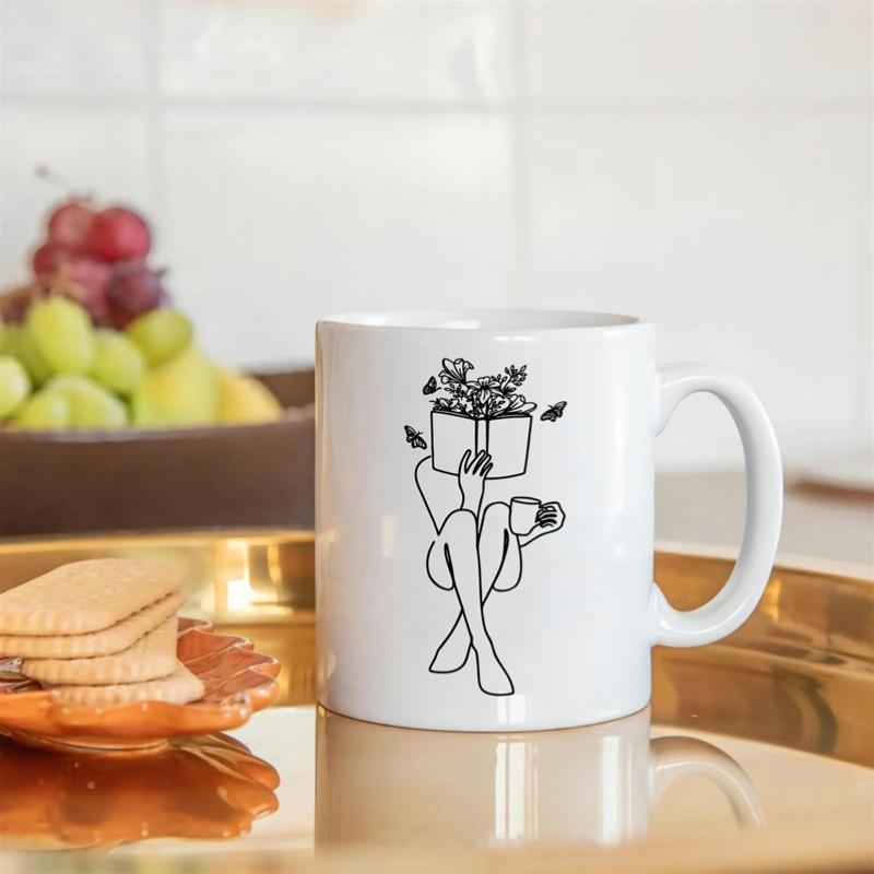 Tailorly White Ceramic 11 oz Mug - Minimalist Line Art Person Reading Book Among Growing Botanical Flowers Woman