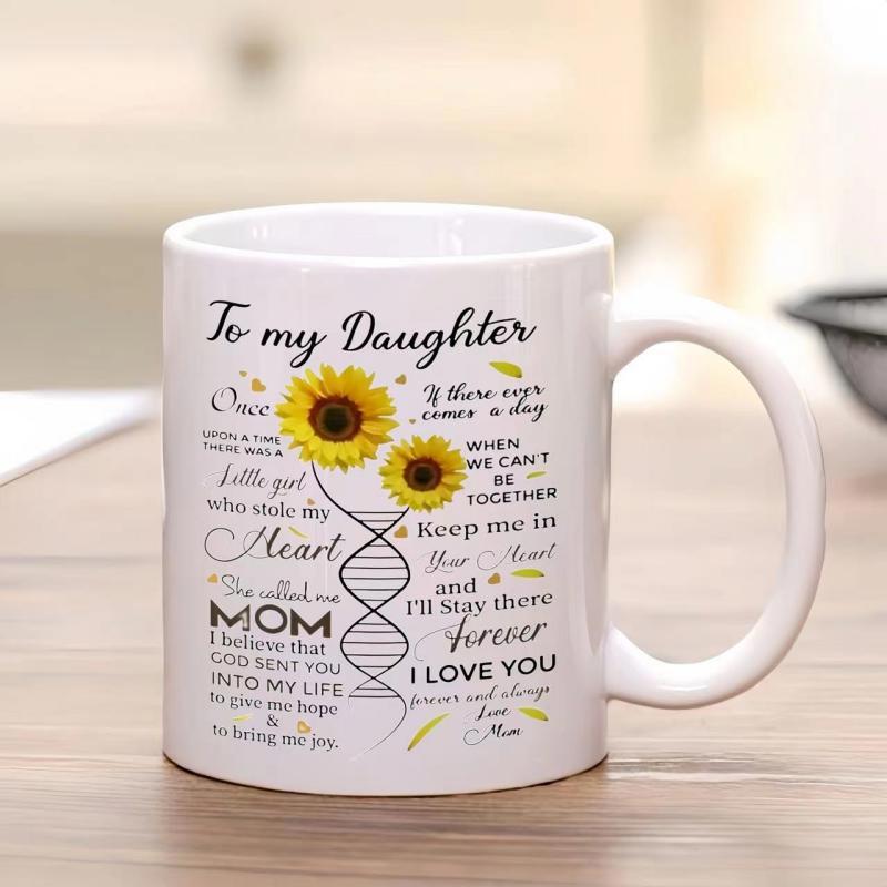 Tailorly White Ceramic 11 oz Mug - To My Daughter Mom I Love You Vibrant Yellow Petals Linked By DNA Helix Among Inspirational Script Sunflower