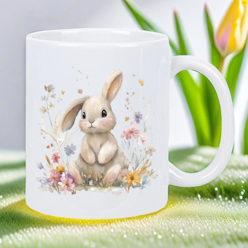 Tailorly White Ceramic 11 oz Mug - Adorable Watercolor Small Bunny Sitting Among Blooming Spring Meadow Wildflowers Rabbit