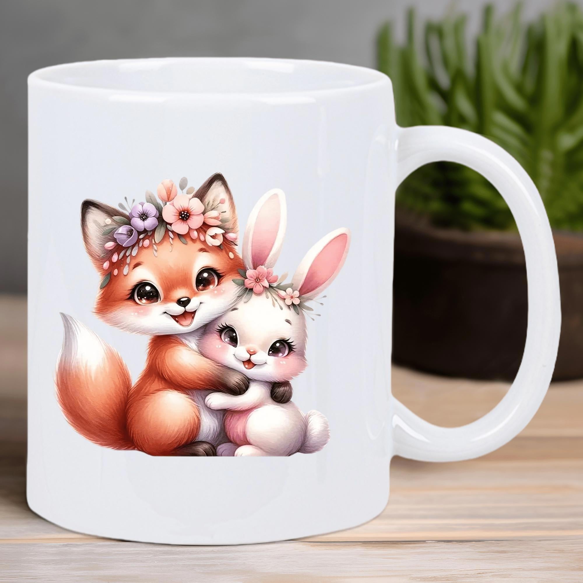 Tailorly White Ceramic 11 oz Mug - Adorable Cartoon Rabbit And Fox Hugging Wearing Floral Wreaths Fox
