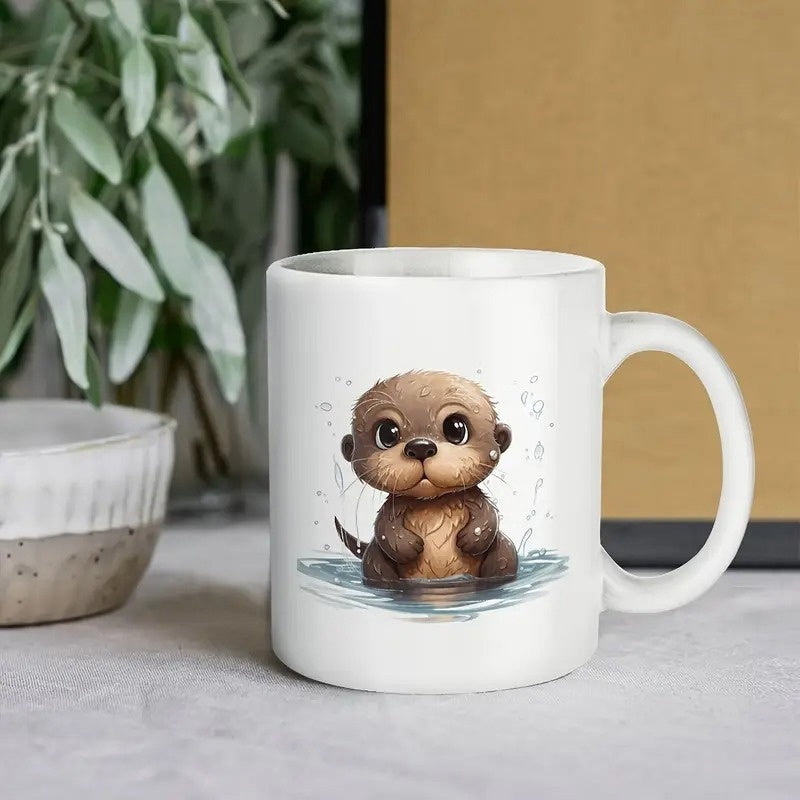 Tailorly White Ceramic 11 oz Mug - Adorable Little Brown Character Floating On Gentle Blue Water Ripples Otter