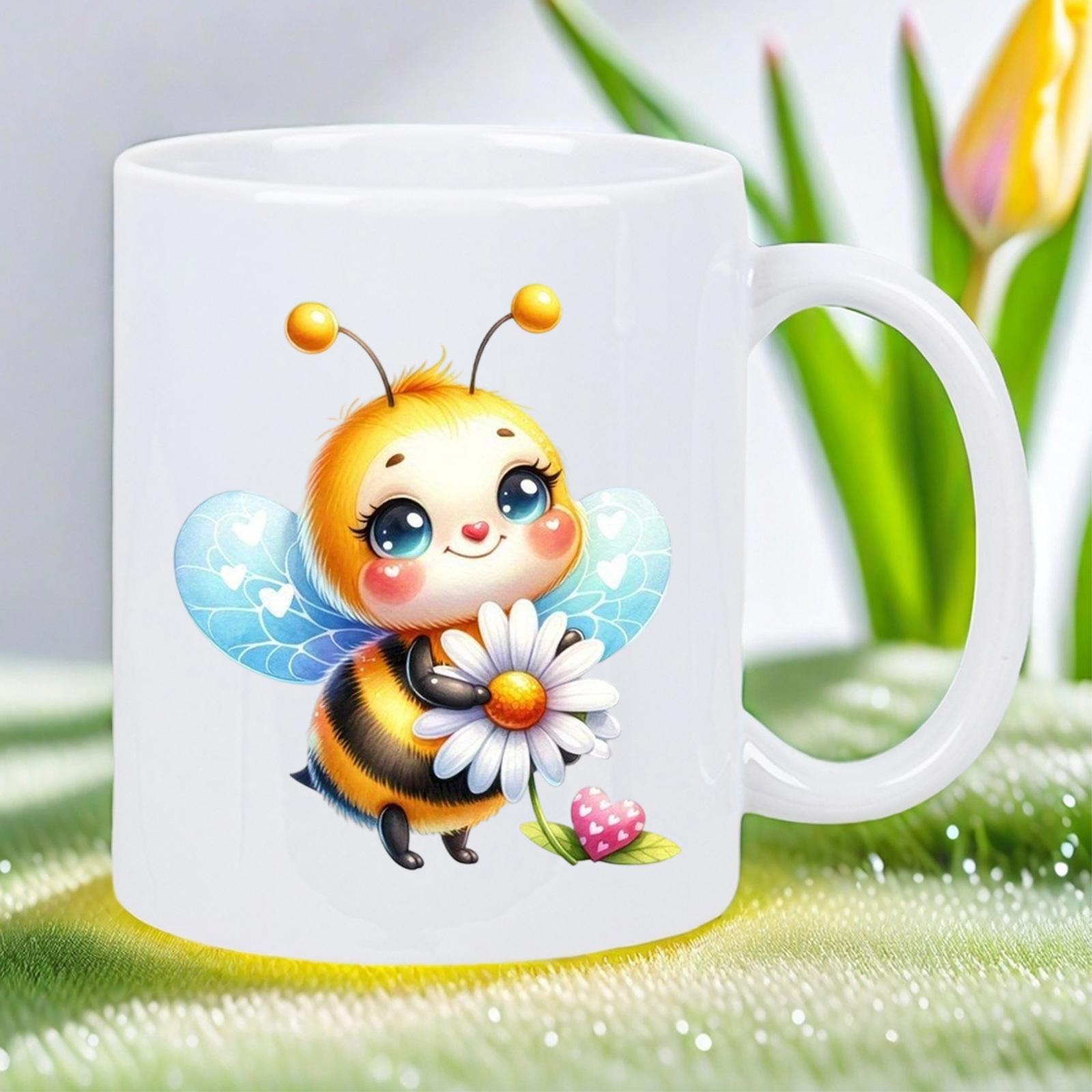 Tailorly White Ceramic 11 oz Mug - Adorable Little Bumble Bee Holding A White Daisy With Soft Blue Wings Bee