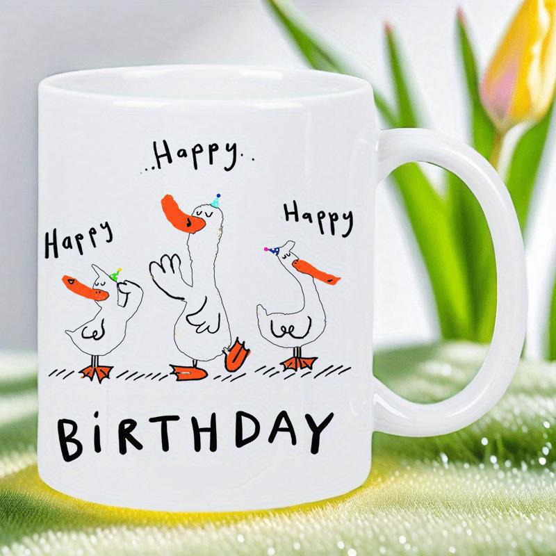 Tailorly White Ceramic 11 oz Mug - Happy Birthday Whimsical Hand Drawn Ducks Wearing Small Party Hats Celebrating Festive Duck
