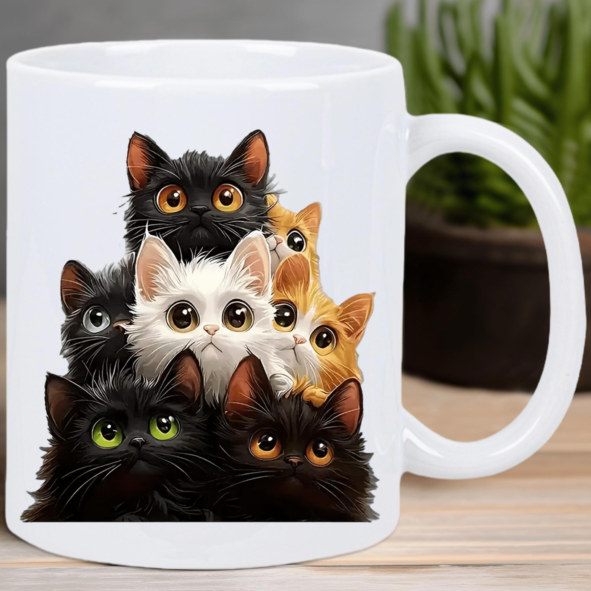 Tailorly White Ceramic 11 oz Mug - Charming Adorable Group Of Fluffy Colorful Artistic Style Kittens