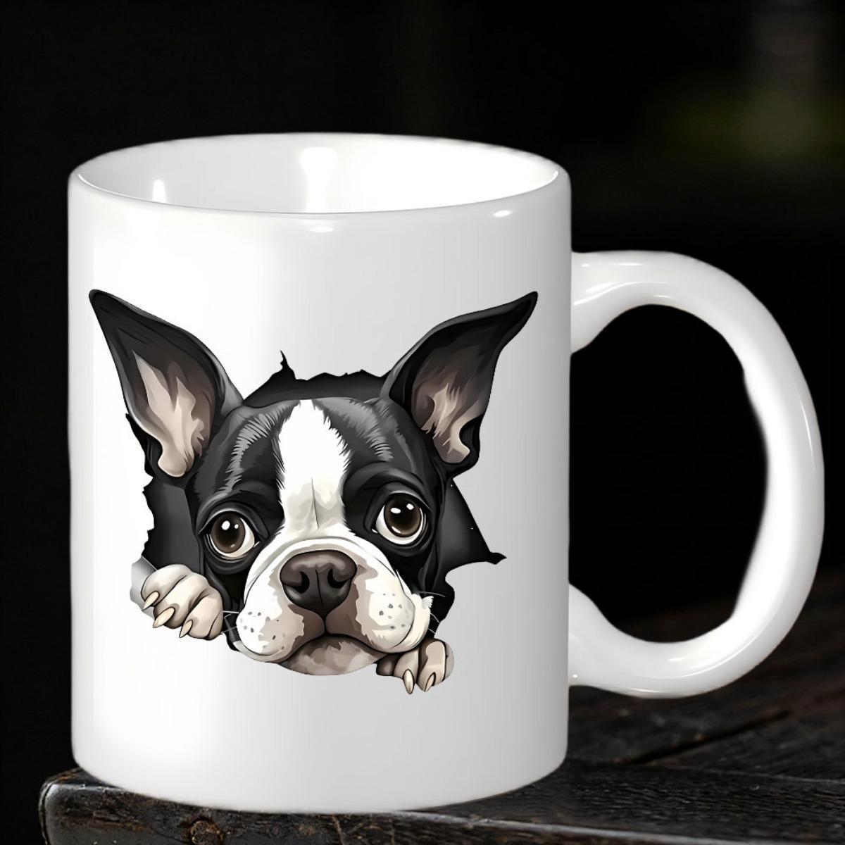 Tailorly White Ceramic 11 oz Mug - Cute Peeking Dog With Big Curious Eyes And Tiny Paws Boston Terrier