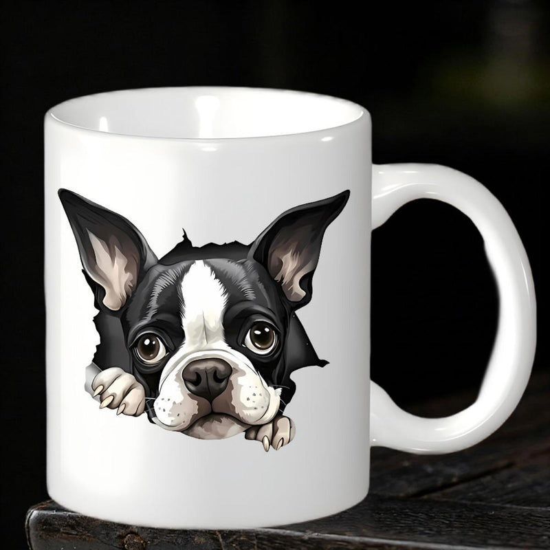 Tailorly White Ceramic 11 oz Mug - Cute Peeking Dog With Big Curious Eyes And Tiny Paws Boston Terrier