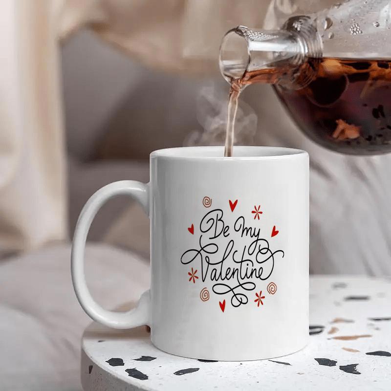 Tailorly White Ceramic 11 oz Mug - Be My Valentine Romantic Artistic Script Calligraphy Surrounded By Dainty Red Hearts And Stars Heart
