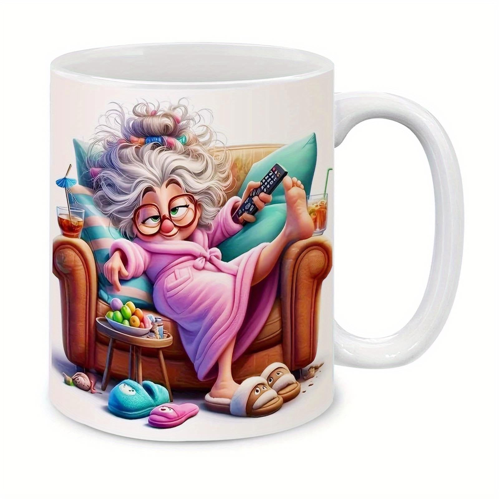 Tailorly White Ceramic 11 oz Mug - Funny Elderly Woman With Messy Hair Sitting On Armchair Relaxing Home Grandma