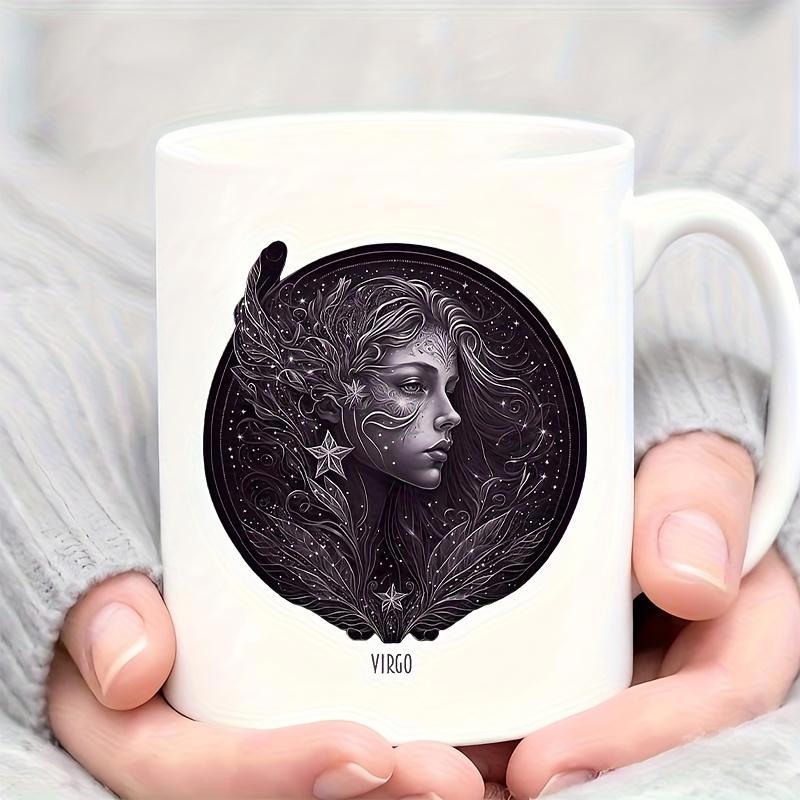 Tailorly White Ceramic 11 oz Mug - Virgo Mystical Celestial Maiden Profile Surrounded By Stars And Delicate Feathery Wings Goddess