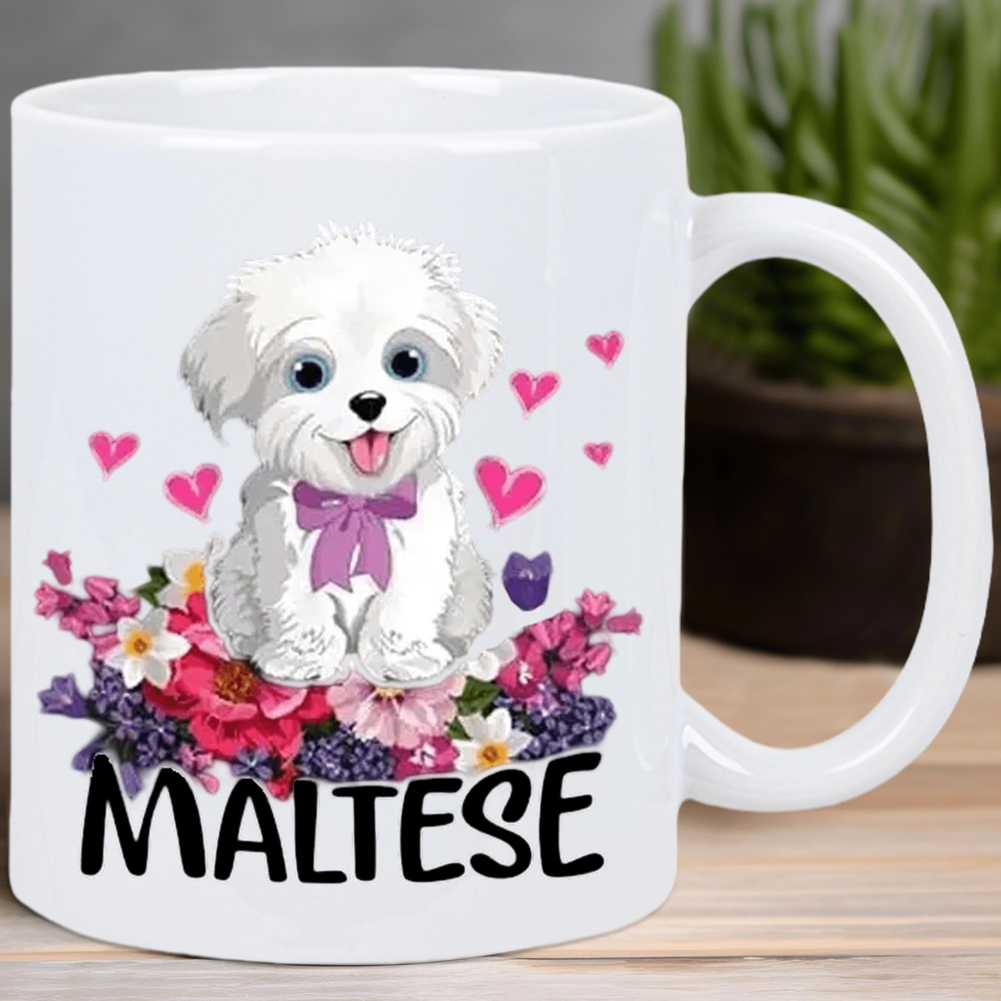 Tailorly White Ceramic 11 oz Mug - Maltese Adorable Fluffy Puppy Sitting Among Colorful Blooming Flowers And Hearts Dog