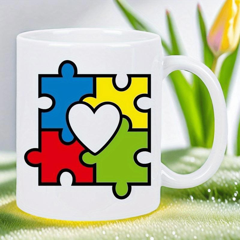 Tailorly White Ceramic 11 oz Mug - Colorful Interlocking Puzzle Pieces Arranged With A Simple White Central Heart Puzzle