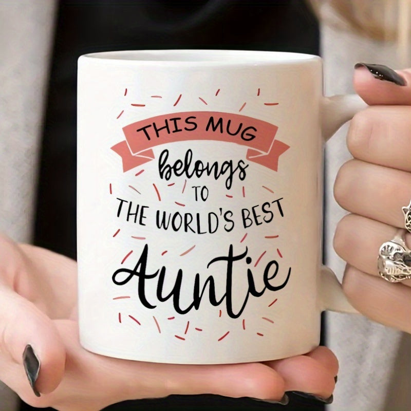 Tailorly White Ceramic 11 oz Mug - This Mug Belongs To The World's Best Auntie White Ceramic Container With Festive Confetti Sprinkles And Decorative Pink Banner