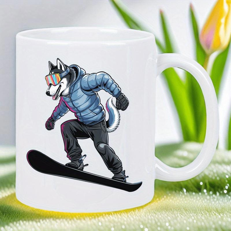 Tailorly White Ceramic 11 oz Mug - Cool Anthropomorphic Wolf Wearing Winter Jacket And Goggles On Snowboard Husky