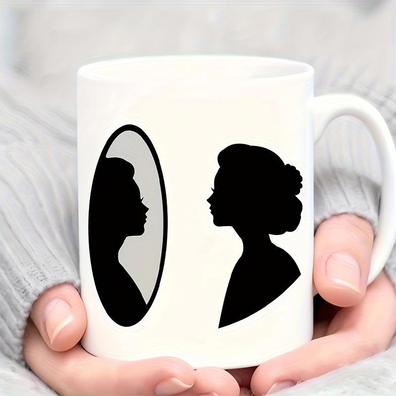 Tailorly White Ceramic 11 oz Mug - Elegant Vintage Style Female Profile Gazing Into An Oval Mirror Reflection Silhouette