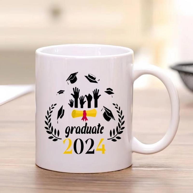 Tailorly White Ceramic 11 oz Mug - Graduate 2024 Hands Tossing Mortarboards In Joyful Celebration Among Elegant Laurel Wreaths Mortarboard