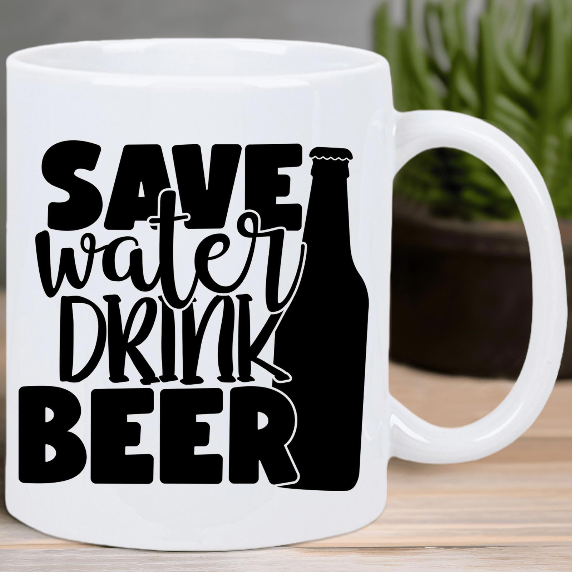 Tailorly White Ceramic 11 oz Mug - Save Water Drink Beer Bold Black Lettering Positioned Beside A Tall Sleek Silhouette Of A Beverage Bottle