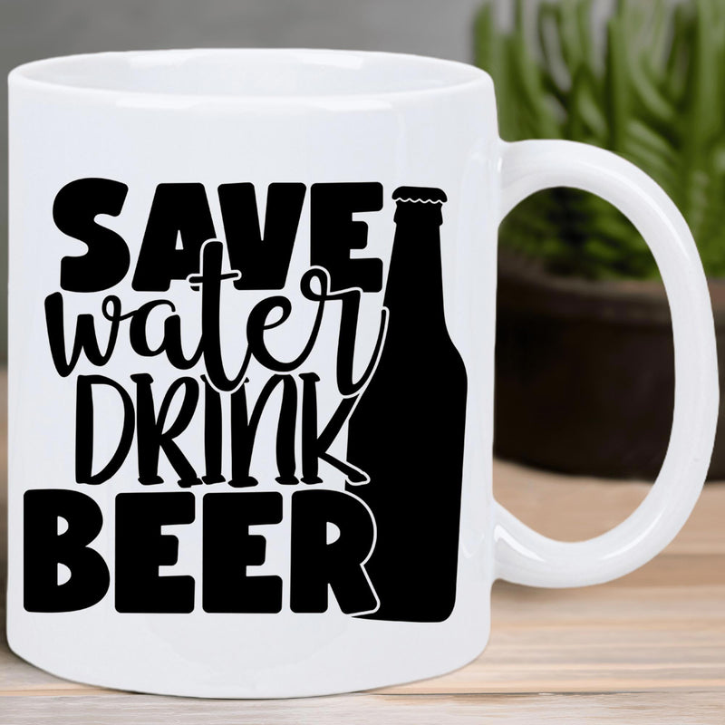 Tailorly White Ceramic 11 oz Mug - Save Water Drink Beer Bold Black Lettering Positioned Beside A Tall Sleek Silhouette Of A Beverage Bottle