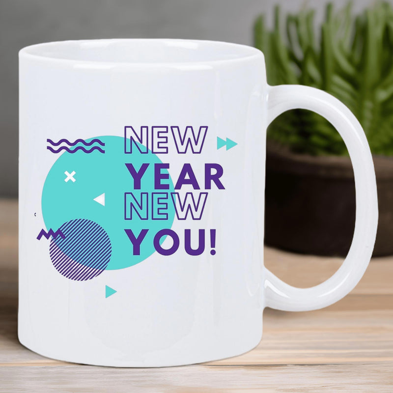 Tailorly White Ceramic 11 oz Mug - New Year New You Abstract Memphis Style Geometric Shapes With Colorful Circles And Wavy Lines Mug