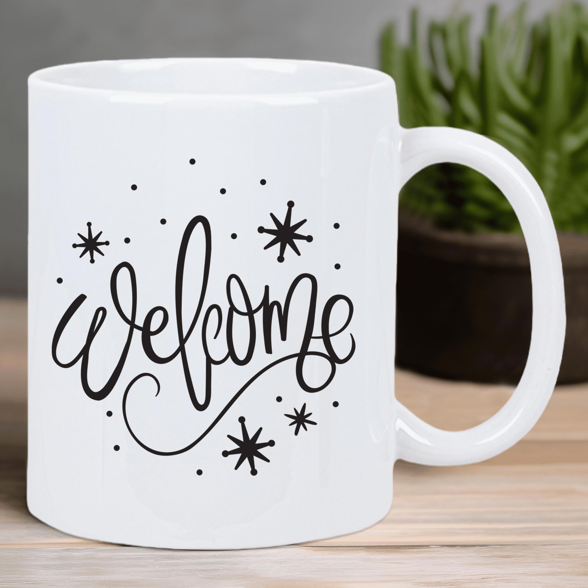 Tailorly White Ceramic 11 oz Mug - Welcome Minimalist Black Hand Lettered Script Surrounded By Twinkling Decorative Starbursts Sign