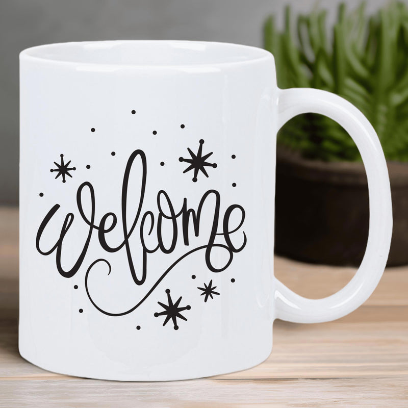 Tailorly White Ceramic 11 oz Mug - Welcome Minimalist Black Hand Lettered Script Surrounded By Twinkling Decorative Starbursts Sign