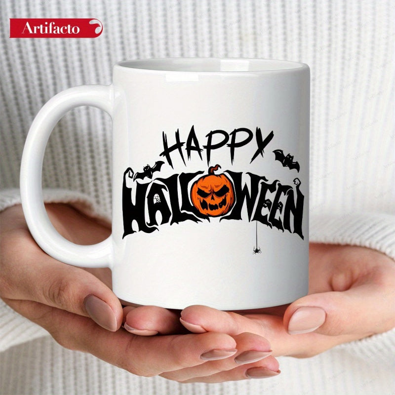 Tailorly White Ceramic 11 oz Mug - Happy Halloween Spooky Carved Orange Pumpkin With Flying Bats And Hanging Spider Pumpkin