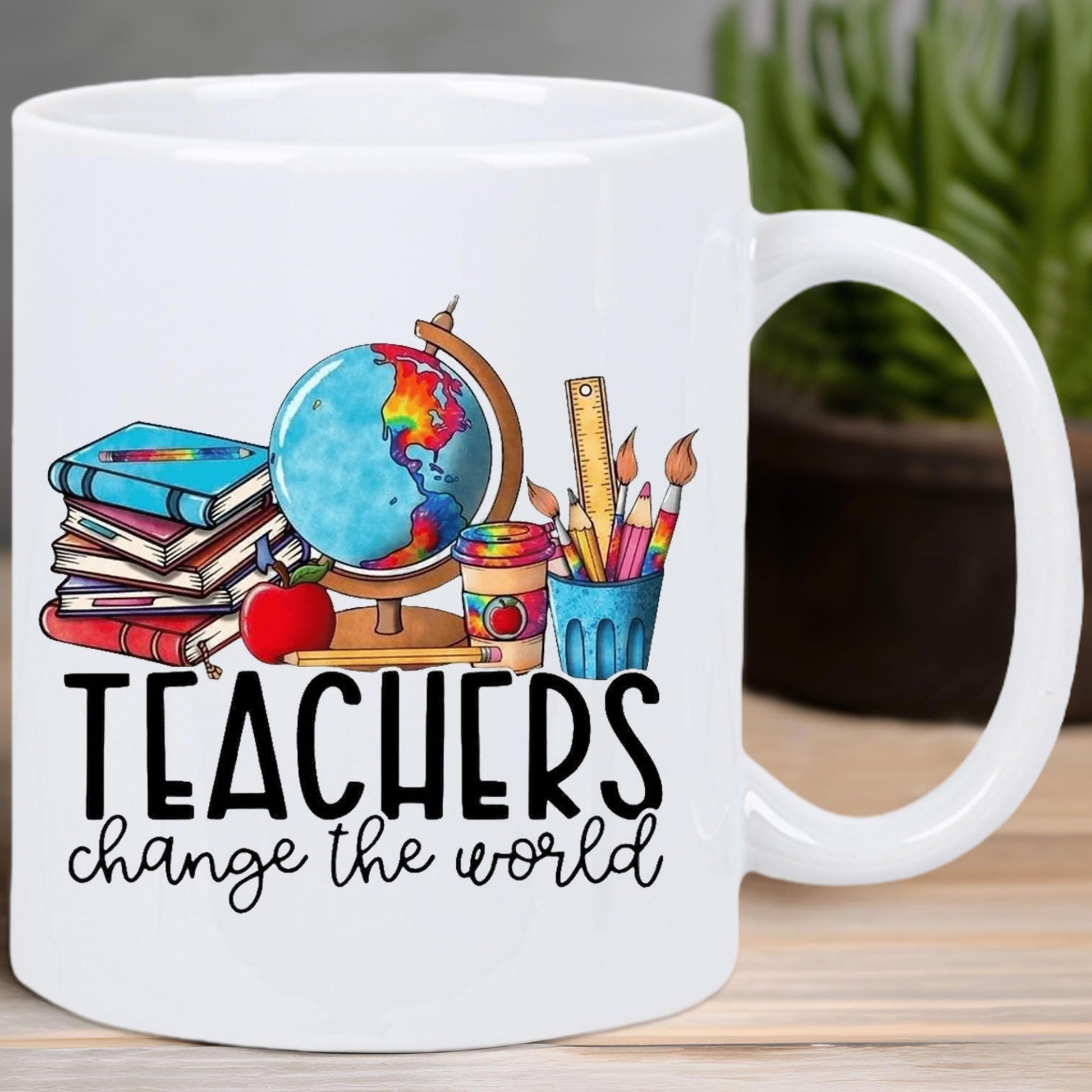 Tailorly White Ceramic 11 oz Mug - Teachers Change The World Colorful Stacked Books And Globe With School Supplies Apple Mug