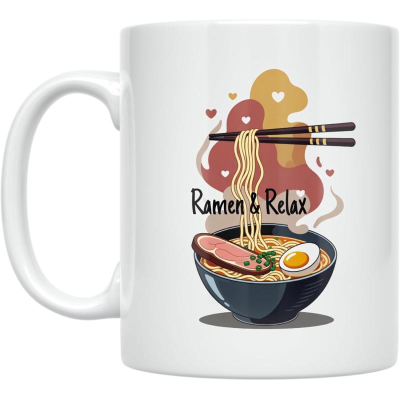 Tailorly White Ceramic 11 oz Mug - Ramen Relax Steaming Bowl With Chopsticks Holding Noodles Among Decorative Heart Shapes Ramen