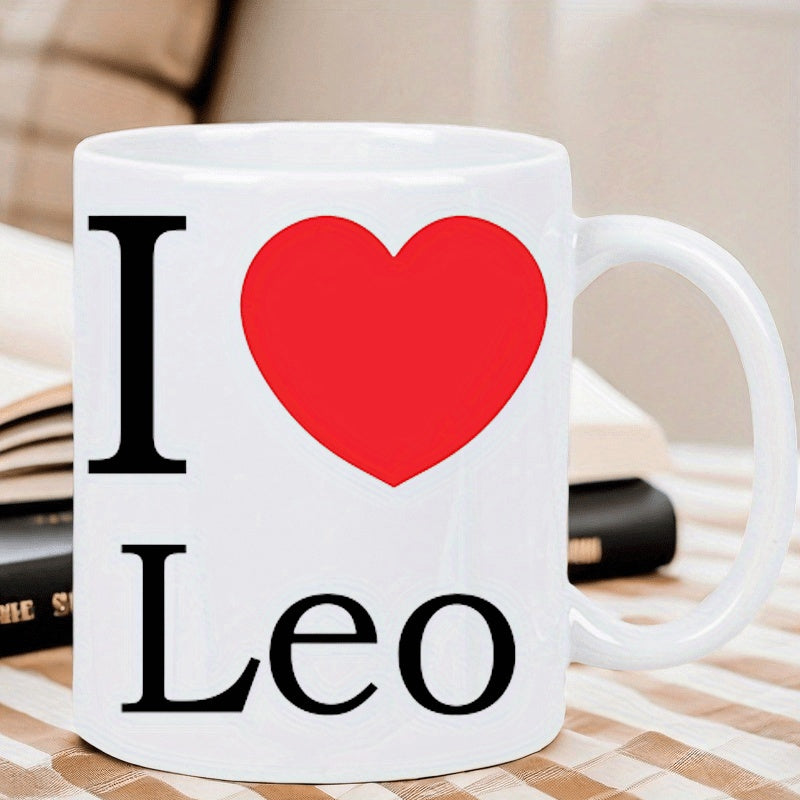Tailorly White Ceramic 11 oz Mug - I Leo Simple Vibrant Red Heart Centered Between Classic Black Serif Text Mug