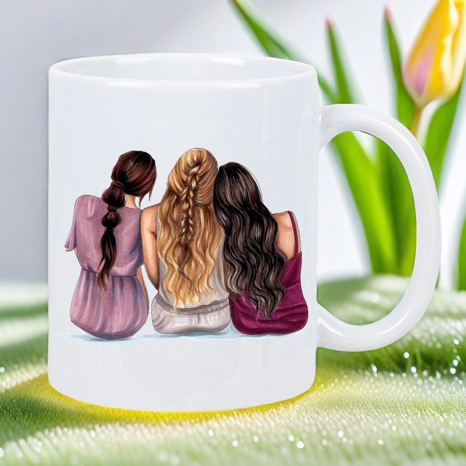 Tailorly White Ceramic 11 oz Mug - Three Young Ladies Sitting Together With Elegant Braided Colorful Hair Friends