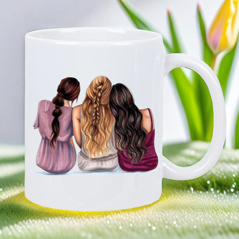 Tailorly White Ceramic 11 oz Mug - Three Young Ladies Sitting Together With Elegant Braided Colorful Hair Friends