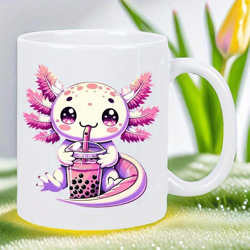 Tailorly White Ceramic 11 oz Mug - Adorable Pink Cartoon Axolotl Drinking Sweet Bubble Tea In Sunny Garden Axolotl