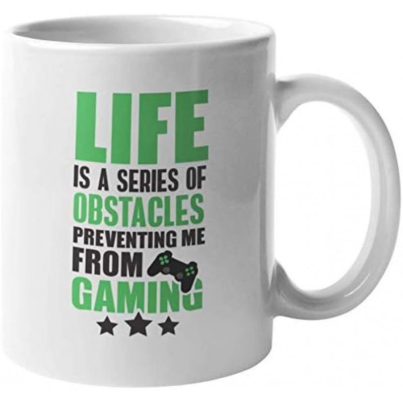 Tailorly White Ceramic 11 oz Mug - Life Is A Series Of Obstacles Preventing Me From Gaming Minimalist Game Controller Silhouette With Decorative Triple Stars At