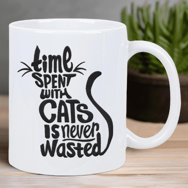 Tailorly White Ceramic 11 oz Mug - Time Spent With Cats Is Never Wasted Minimalist Black Typography Forming A Sitting Feline Shape With Whiskers Cat