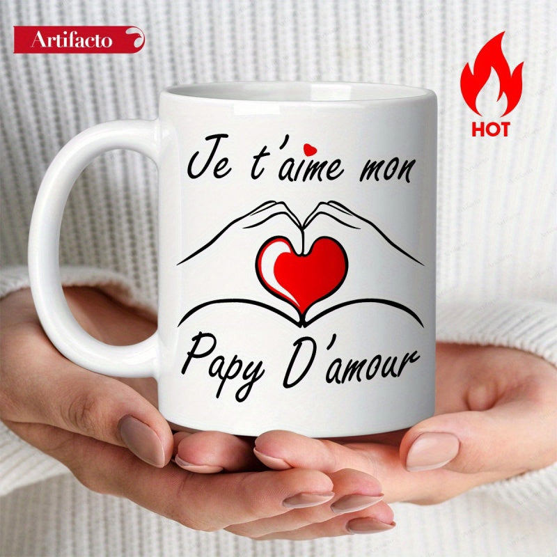 Tailorly White Ceramic 11 oz Mug - Minimalist Outline Hands Forming A Heart Shape In Bright Red Radiant Heart
