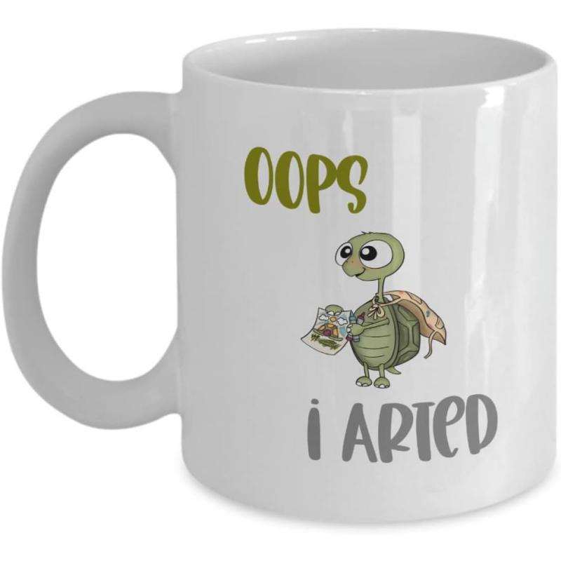 Tailorly White Ceramic 11 oz Mug - Oops I Arted Small Green Cartoon Turtle Holding A Tiny Paintbrush And Artist Palette Turtle