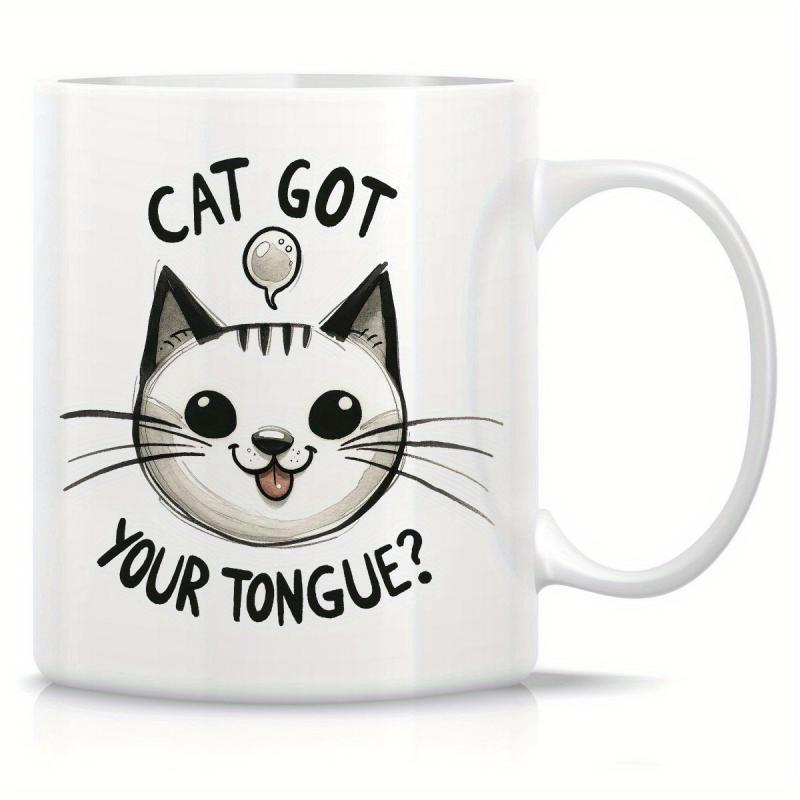 Tailorly White Ceramic 11 oz Mug - Cat Got Your Tongue Playful Cartoon Cat With Cute Whiskers Sticking Out Its Tongue Cat