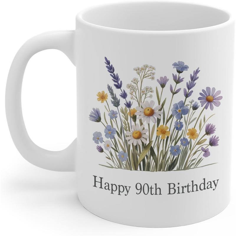 Tailorly White Ceramic 11 oz Mug - Happy 90th Birthday Soft Wildflowers Blooming With Lavender And Daisies In A Delicate Field Bouquet