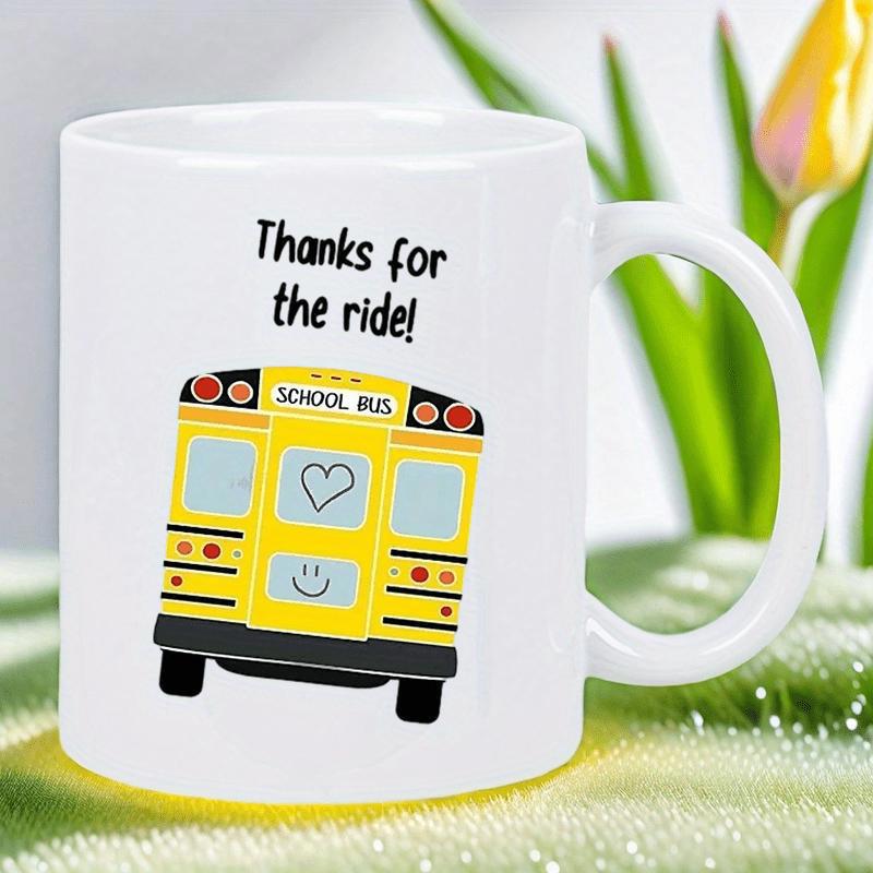Tailorly White Ceramic 11 oz Mug - Thanks For The Ride Classic Yellow Vehicle With Heart And Smiley Details Bus