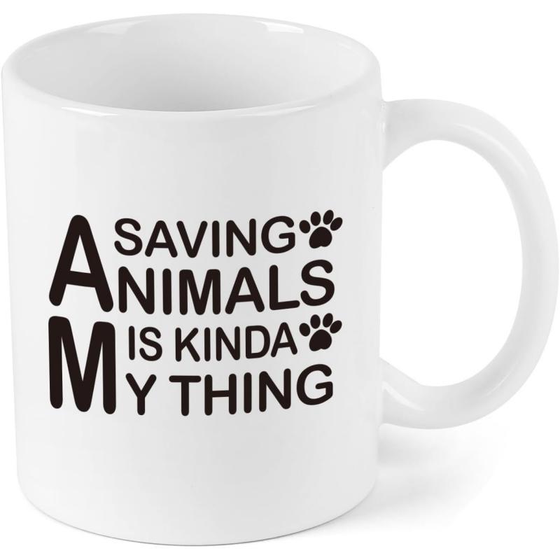 Tailorly White Ceramic 11 oz Mug - I Am Saving Animals Is Kinda My Thing Minimalist Black Ink Paw Prints On Plain Mug
