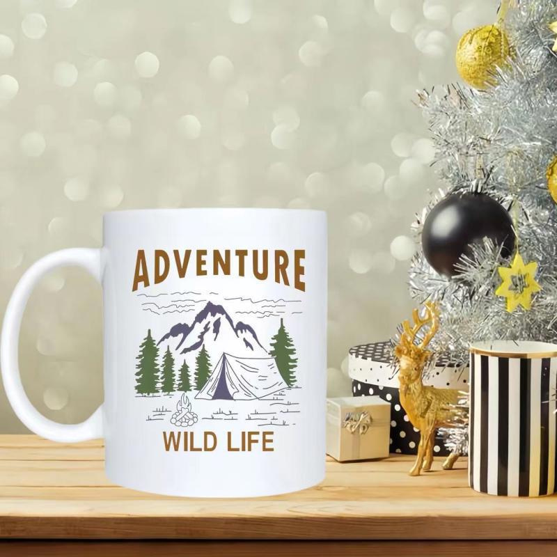 Tailorly White Ceramic 11 oz Mug - Adventure Wild Life Majestic Snowy Peaks Among Pine Trees With A Cozy Camping Tent Mountain