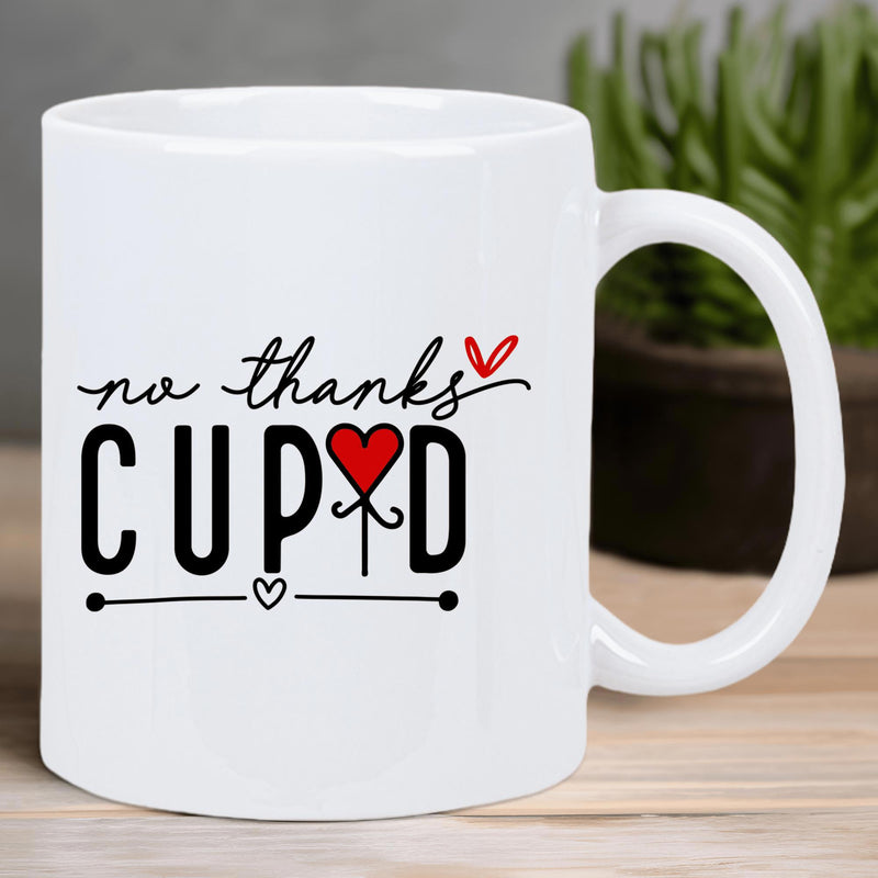 Tailorly White Ceramic 11 oz Mug - No Thanks Cupid Minimalist Artistic Black And Red Hearts With Decorative Swirl Mug