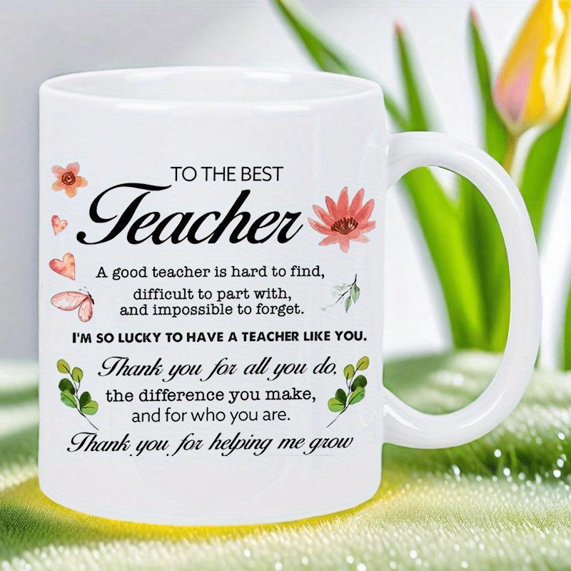 Tailorly White Ceramic 11 oz Mug - To The Best Teacher Watercolor Flowers With Green Leaves And Delicate Hearts Adorning The
